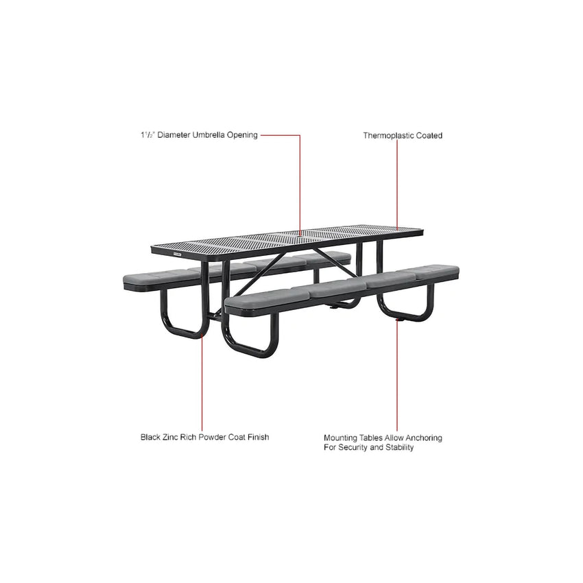Global Industrial 8' Rectangular Picnic Table w/ Seat Cushions, Perforated Metal, Black (GLB - 694555BKS) - SchoolOutlet