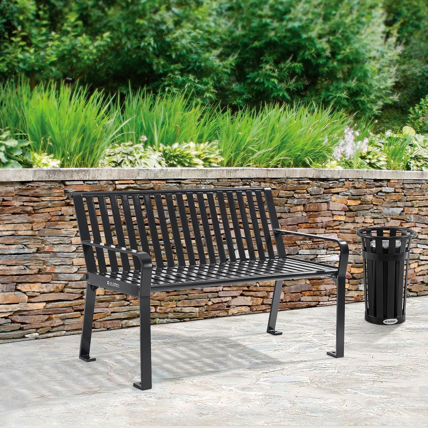 Global Industrial 4' Outdoor Bench with Back, Vertical Steel Slat (GLB - 694853) - SchoolOutlet