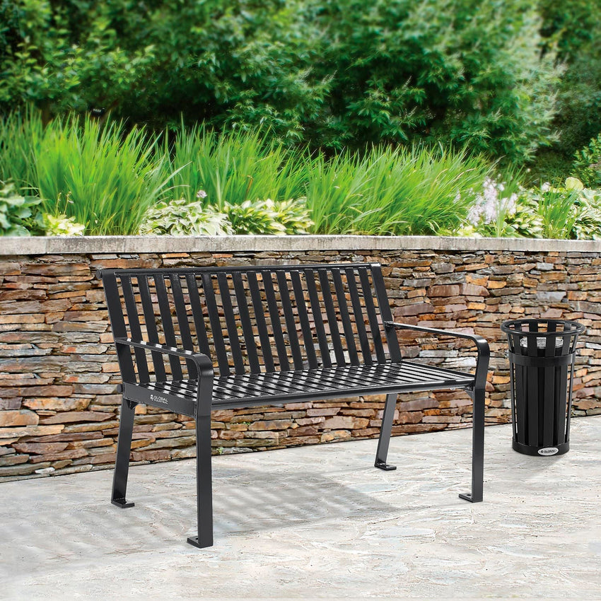Global Industrial 4' Outdoor Bench with Back, Vertical Steel Slat (GLB - 694853) - SchoolOutlet