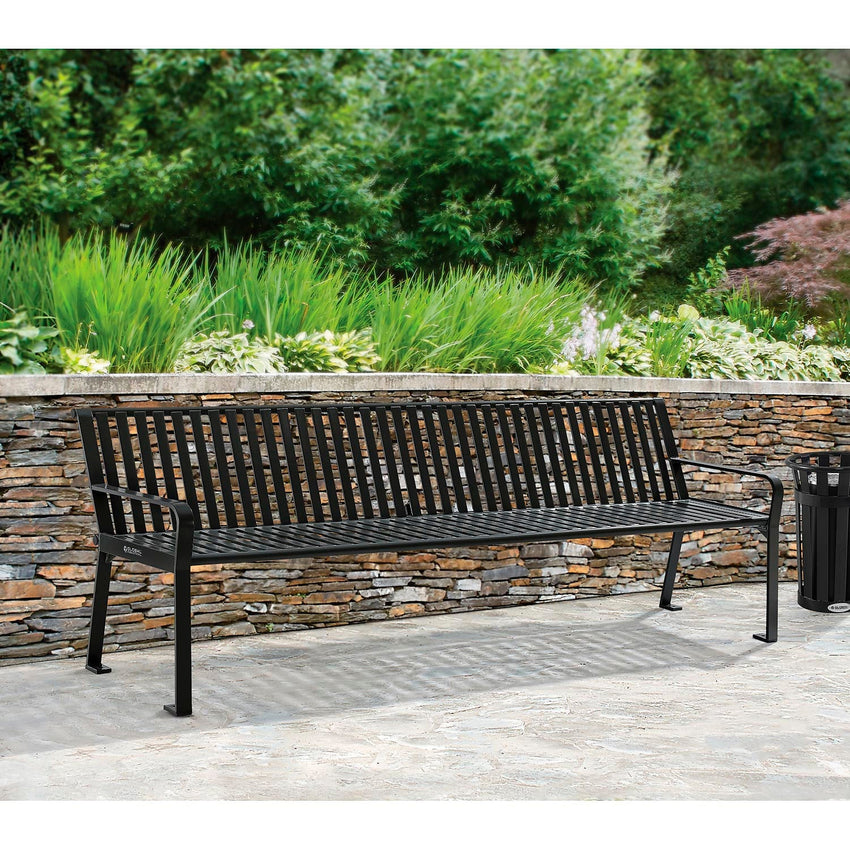 Global Industrial 8' Outdoor Bench with Back, Vertical Steel Slat (GLB - 694855) - SchoolOutlet