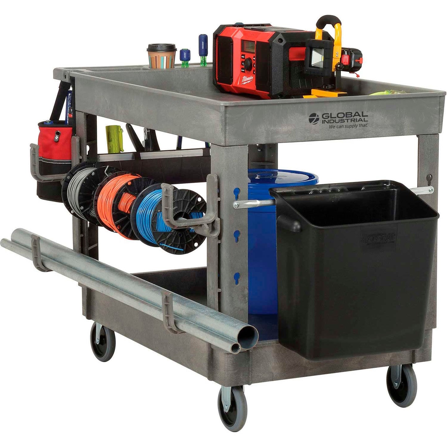 Global Industrial Tray Top Utility Cart w/2 Shelves, 44"L x 25 - 1/2"W x 32 - 1/2"H, Gray (GLB - 800297) - SchoolOutlet