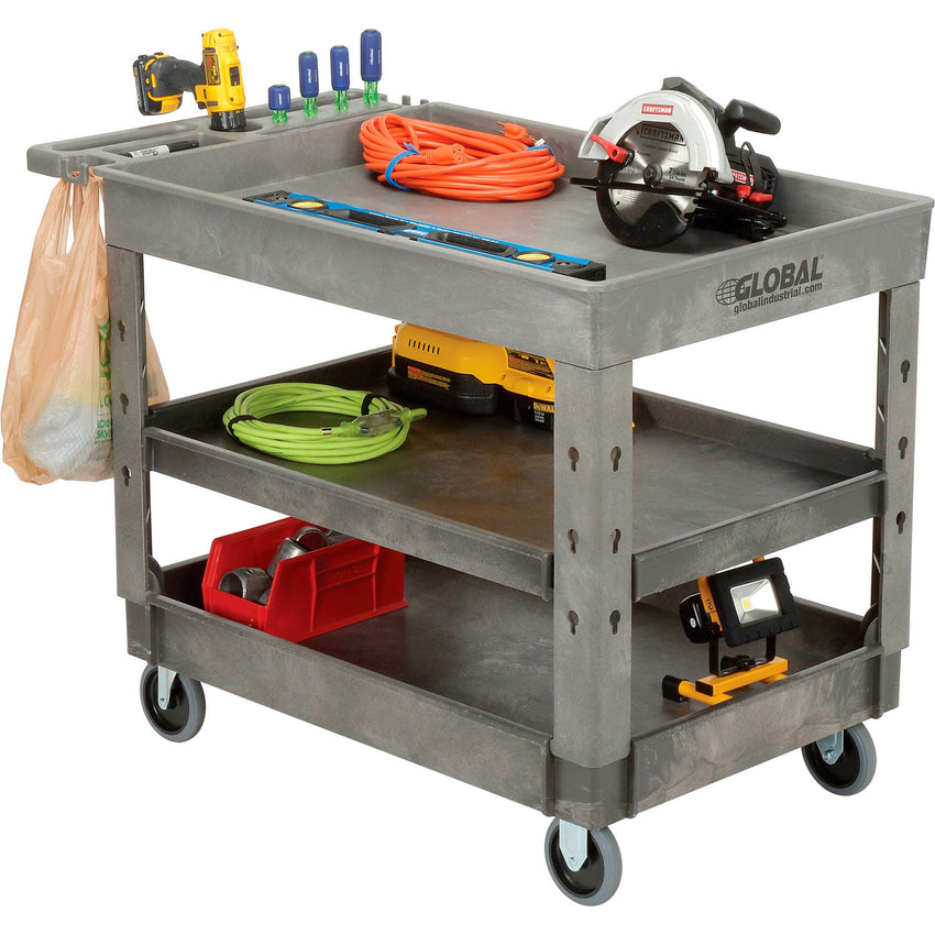 Global Industrial Tray Top Utility Cart w/3 Shelves, 44"L x 25 - 1/2"W x 32 - 1/2"H, Gray (GLB - 800307) - SchoolOutlet