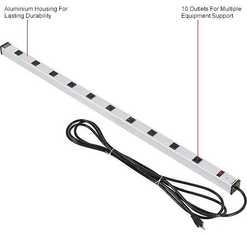 Global Industrial Aluminum Power Strip - 10 Outlets & 15A/120V, 15' Cord, Silver, 48"L (GLB-WB500888A) - SchoolOutlet