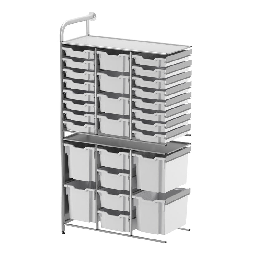 Gratnells Callero Tall Flexi Store Adder Unit in Silver with 16 Shallow, 8 Deep, and 4 Jumbo Trays (GRA - CADD252144) - SchoolOutlet