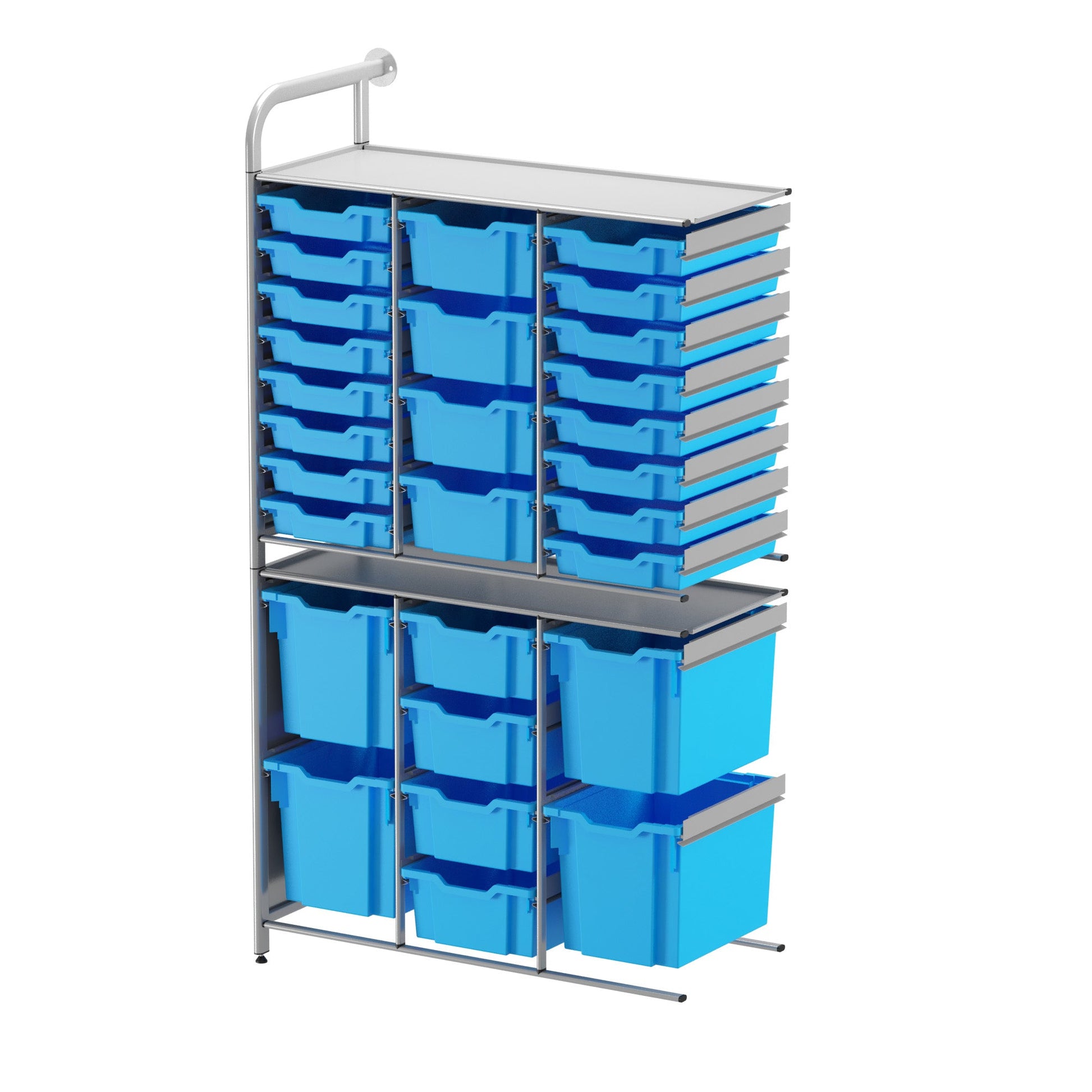 Gratnells Callero Tall Flexi Store Adder Unit in Silver with 16 Shallow, 8 Deep, and 4 Jumbo Trays (GRA - CADD252144) - SchoolOutlet