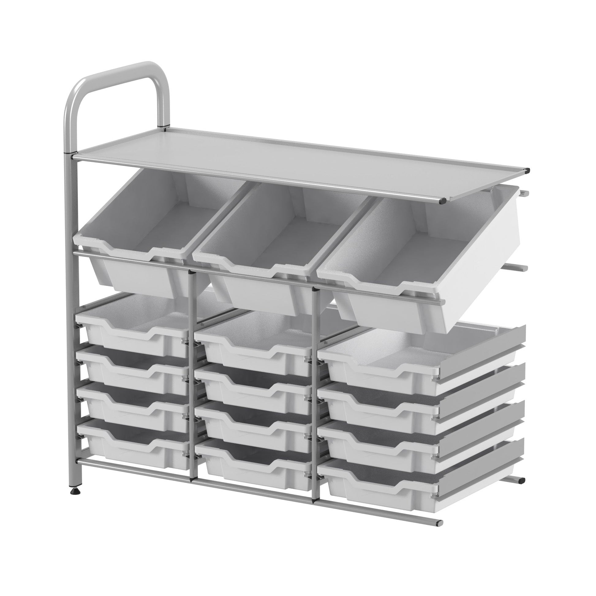 Gratnells Callero Custom Low Level 3 Deep Tilting and 12 Shallow Tray Adder Unit in Silver (GRA - CADD3444) - SchoolOutlet