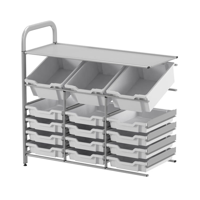 Gratnells Callero Custom Low Level 3 Deep Tilting and 12 Shallow Tray Adder Unit in Silver (GRA - CADD3444) - SchoolOutlet