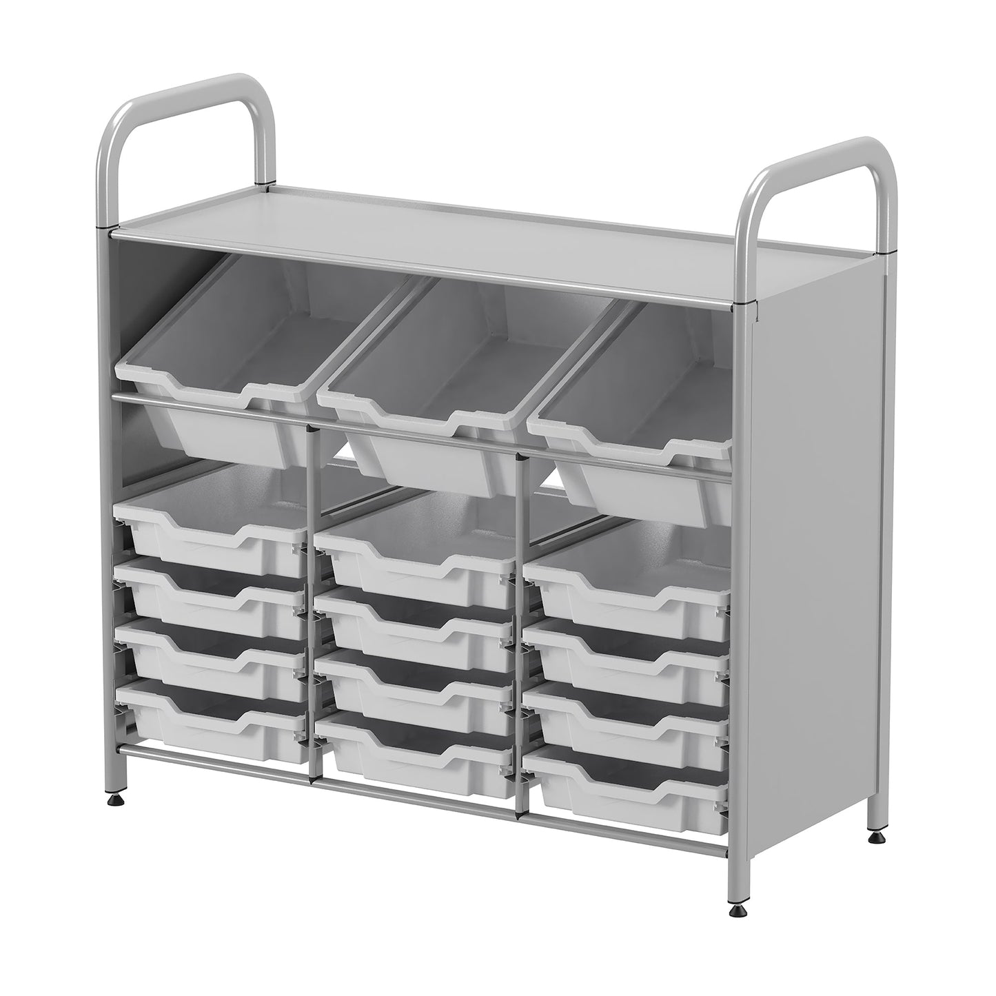 Gratnells Callero Custom Low Level 3 Deep Tilting and 12 Shallow Tray Starter Unit in Silver (GRA - CSTA3444) - SchoolOutlet