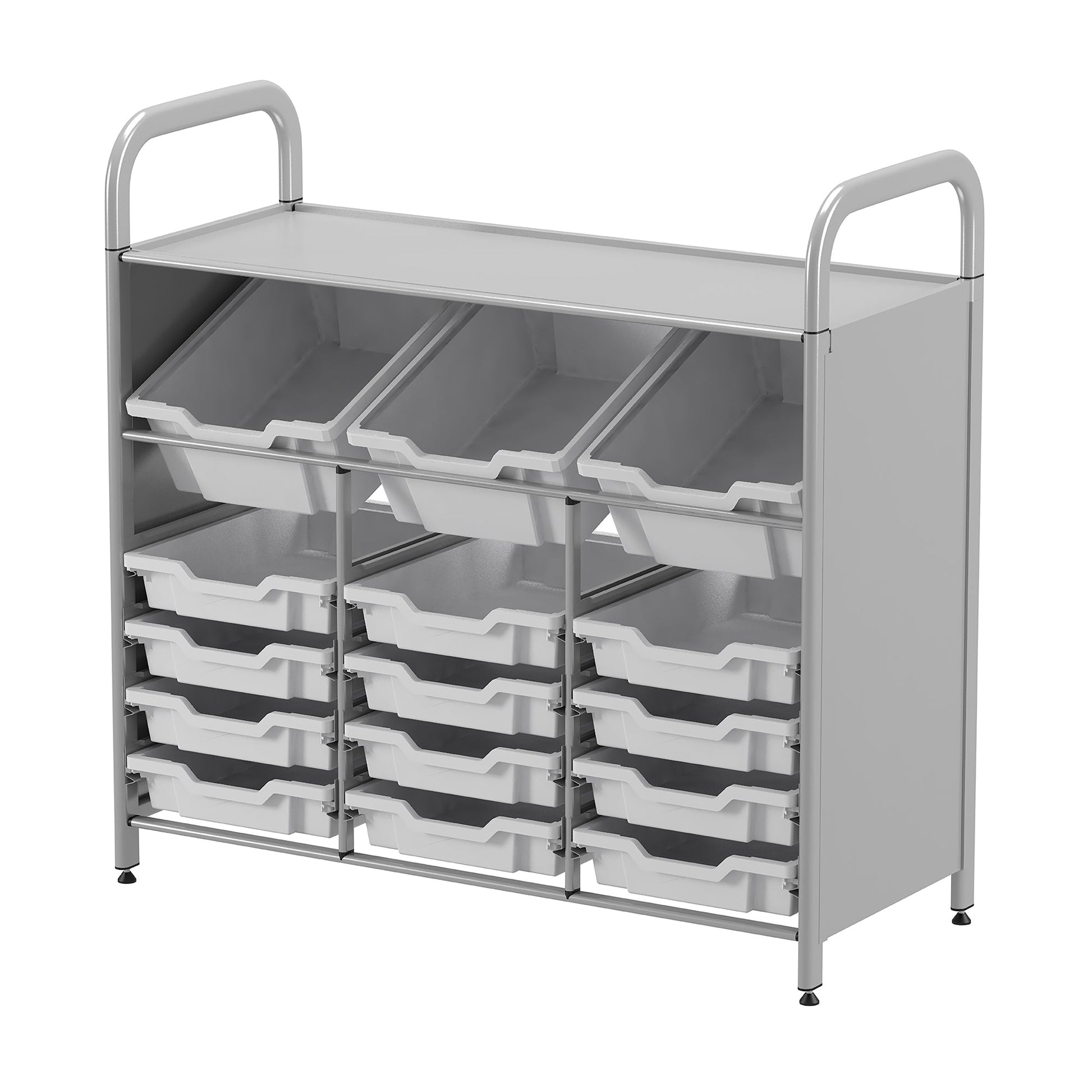 Gratnells Callero Custom Low Level 3 Deep Tilting and 12 Shallow Tray Starter Unit in Silver (GRA - CSTA3444) - SchoolOutlet