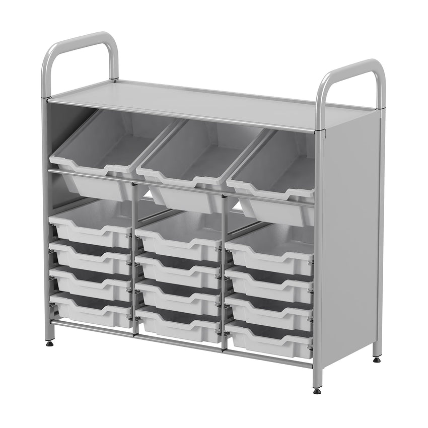 Gratnells Callero Custom Low Level 3 Deep Tilting and 12 Shallow Tray Starter Unit in Silver (GRA - CSTA3444) - SchoolOutlet