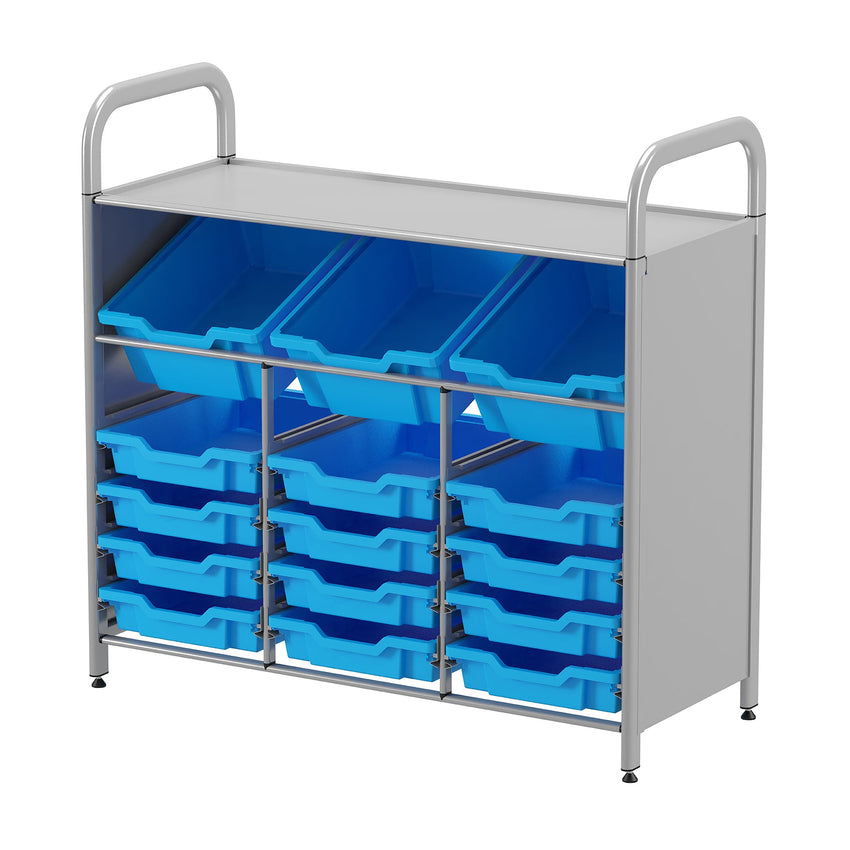 Gratnells Callero Custom Low Level 3 Deep Tilting and 12 Shallow Tray Starter Unit in Silver (GRA - CSTA3444) - SchoolOutlet