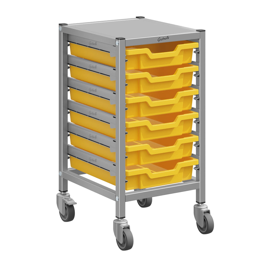 Gratnells Dynamis Lab & Healthcare Low Single Cart Set 41 in Silver with Casters & Optional Feet and 6 Shallow 3 inch deep Trays (GRA - DYAL144) - SchoolOutlet