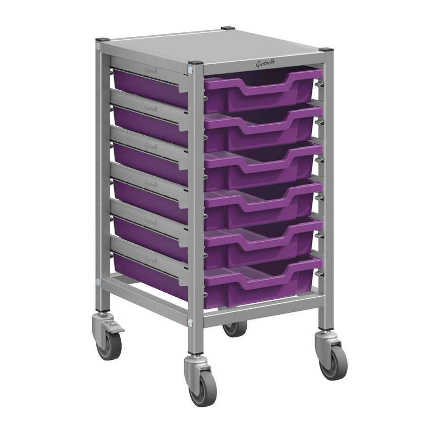 Gratnells Dynamis Lab & Healthcare Low Single Cart Set 41 in Silver with Casters & Optional Feet and 6 Shallow 3 inch deep Trays (GRA - DYAL144) - SchoolOutlet