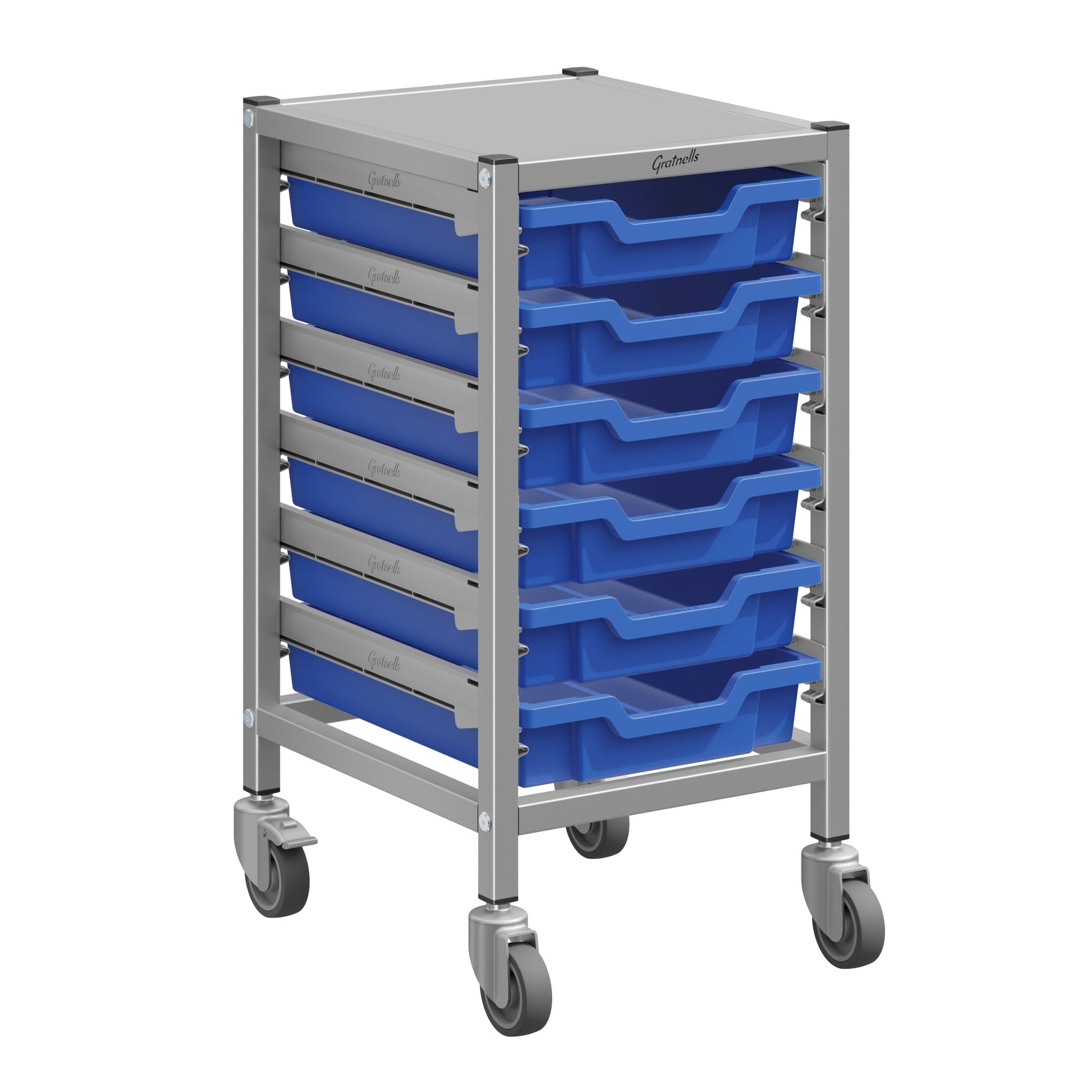 Gratnells Dynamis Lab & Healthcare Low Single Cart Set 41 in Silver with Casters & Optional Feet and 6 Shallow 3 inch deep Trays (GRA - DYAL144) - SchoolOutlet