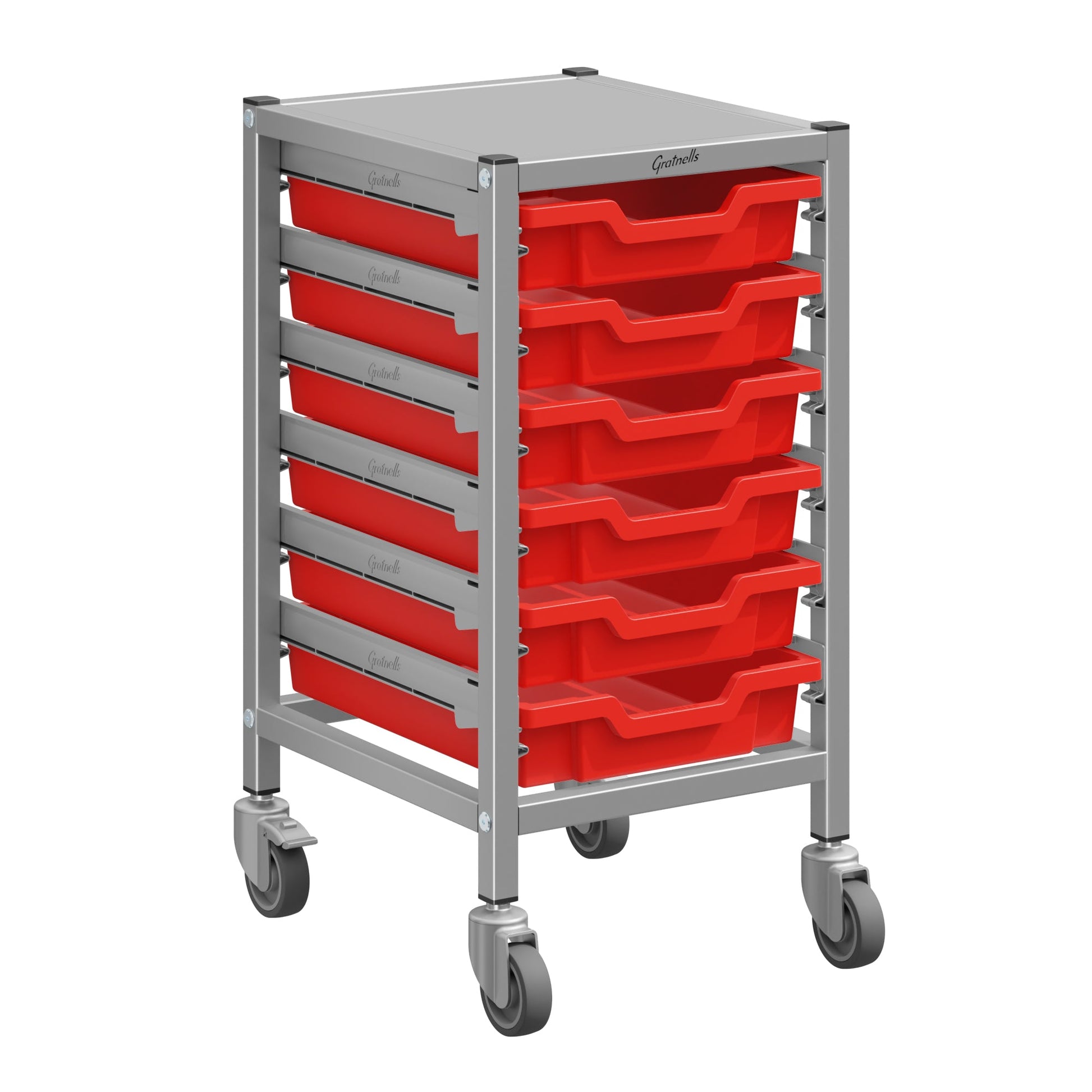 Gratnells Dynamis Lab & Healthcare Low Single Cart Set 41 in Silver with Casters & Optional Feet and 6 Shallow 3 inch deep Trays (GRA - DYAL144) - SchoolOutlet