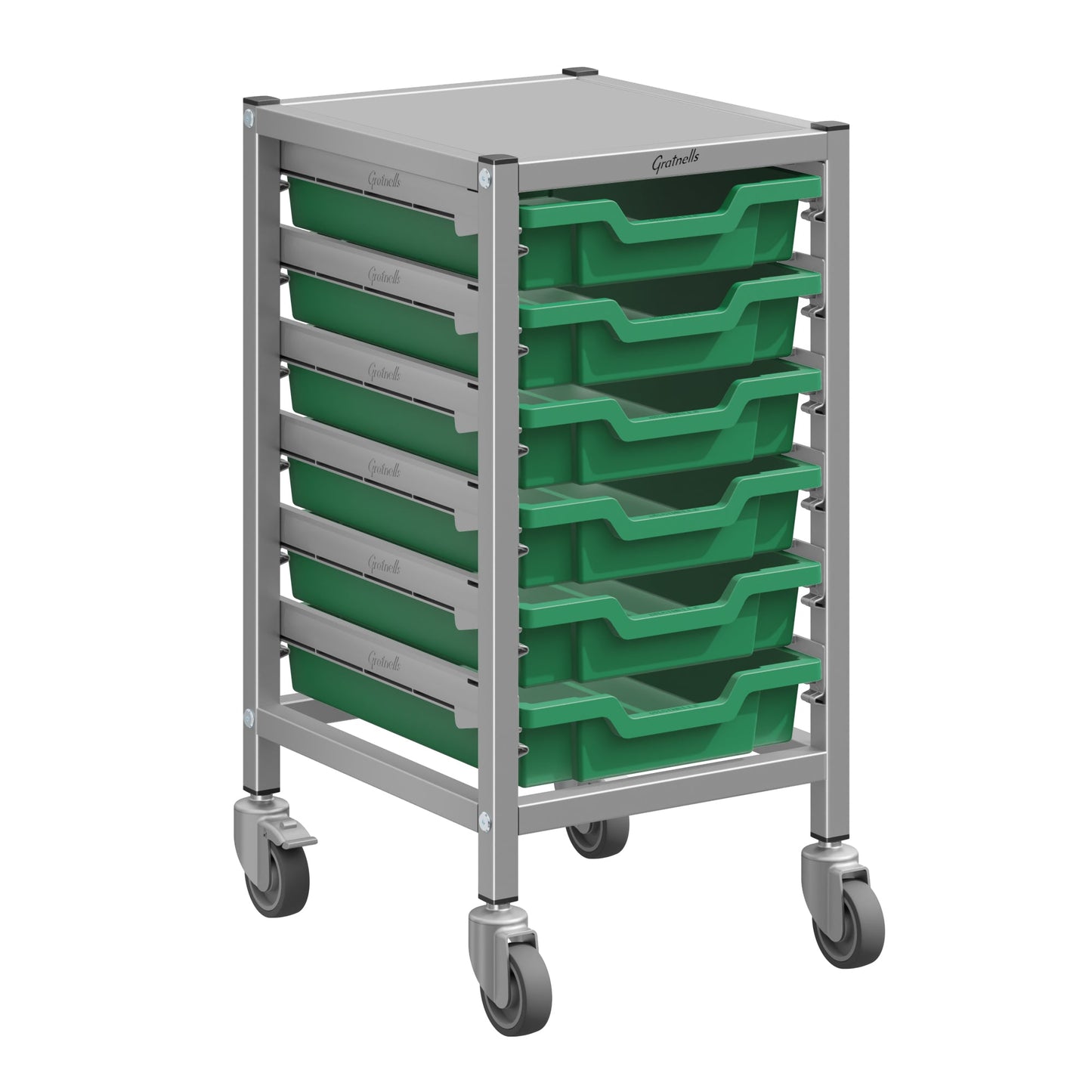 Gratnells Dynamis Lab & Healthcare Low Single Cart Set 41 in Silver with Casters & Optional Feet and 6 Shallow 3 inch deep Trays (GRA - DYAL144) - SchoolOutlet
