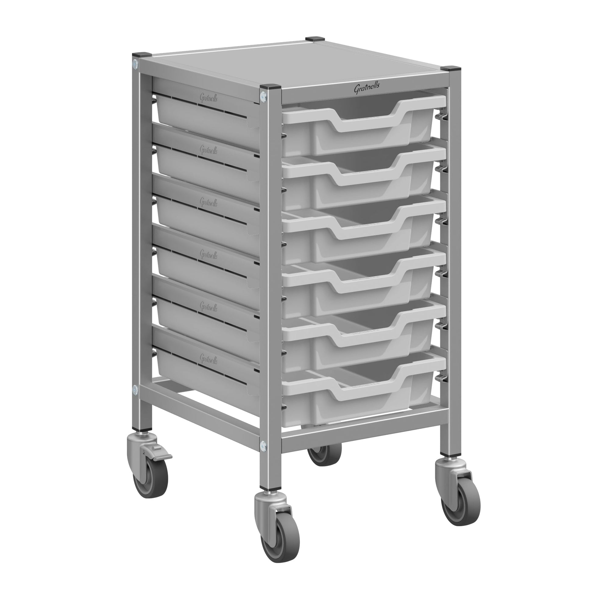 Gratnells Dynamis Lab & Healthcare Low Single Cart Set 41 in Silver with Casters & Optional Feet and 6 Shallow 3 inch deep Trays (GRA - DYAL144) - SchoolOutlet
