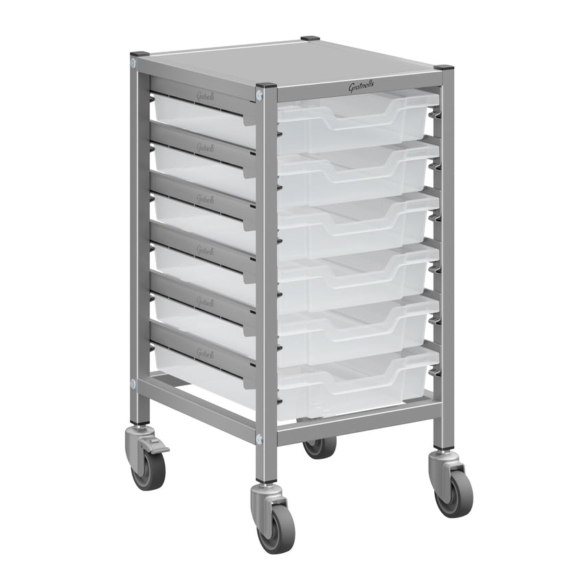 Gratnells Dynamis Lab & Healthcare Low Single Cart Set 41 in Silver with Casters & Optional Feet and 6 Shallow 3 inch deep Trays (GRA - DYAL144) - SchoolOutlet