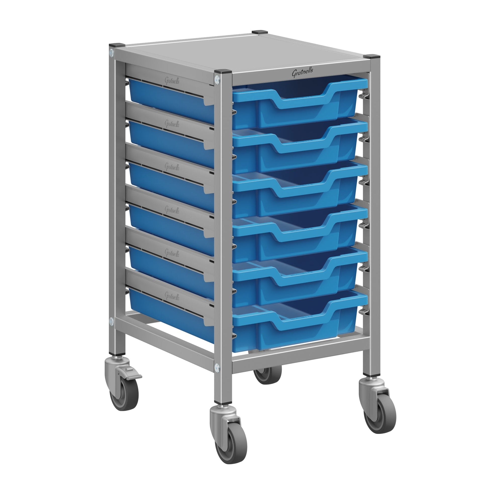 Gratnells Dynamis Lab & Healthcare Low Single Cart Set 41 in Silver with Casters & Optional Feet and 6 Shallow 3 inch deep Trays (GRA - DYAL144) - SchoolOutlet
