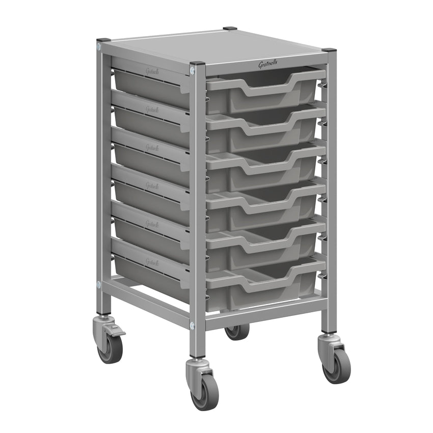 Gratnells Dynamis Lab & Healthcare Low Single Cart Set 41 in Silver with Casters & Optional Feet and 6 Shallow 3 inch deep Trays (GRA - DYAL144) - SchoolOutlet