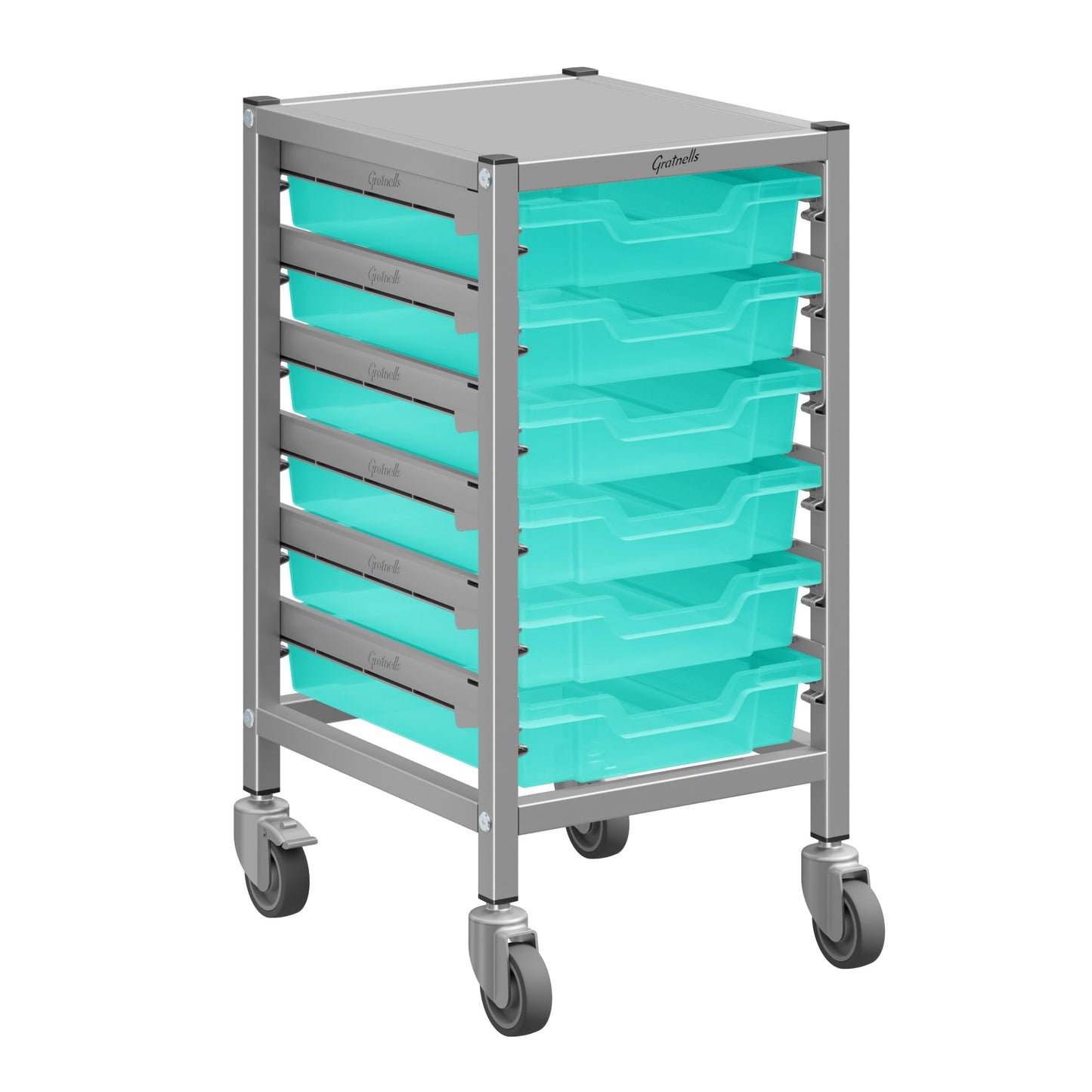 Gratnells Dynamis Lab & Healthcare Low Single Cart Set 41 in Silver with Casters & Optional Feet and 6 Shallow 3 inch deep Trays (GRA - DYAL144) - SchoolOutlet