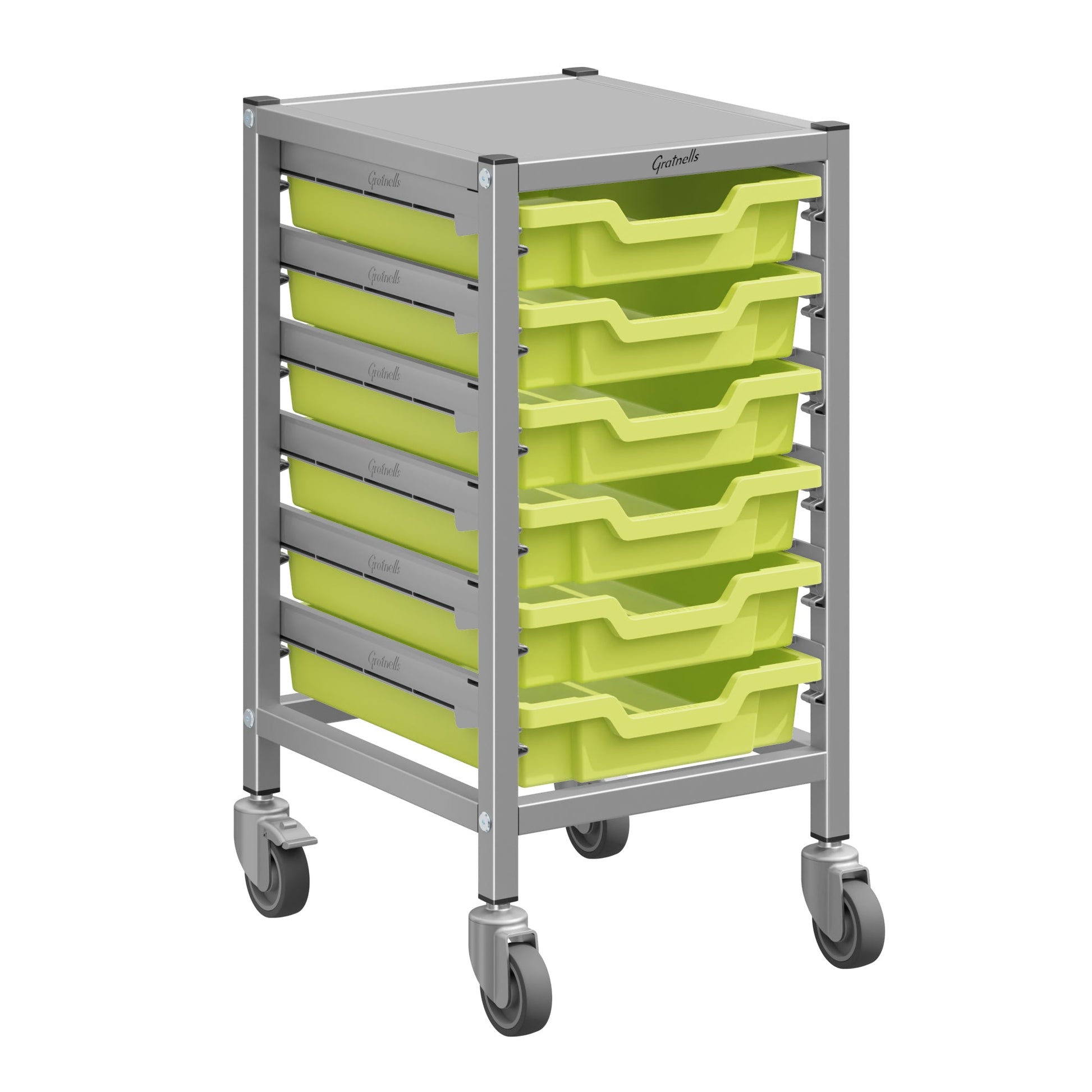 Gratnells Dynamis Lab & Healthcare Low Single Cart Set 41 in Silver with Casters & Optional Feet and 6 Shallow 3 inch deep Trays (GRA - DYAL144) - SchoolOutlet