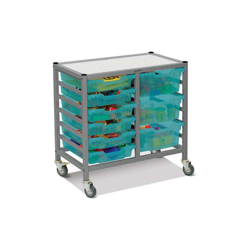 Gratnells Dynamis Lab & Healthcare Low Double Cart Silver Set 44 with Casters and 3 - 6 inch Trays (GRA - DYAL244) - SchoolOutlet