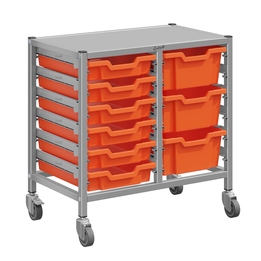 Gratnells Dynamis Lab & Healthcare Low Double Cart Silver Set 44 with Casters and 3 - 6 inch Trays (GRA - DYAL244) - SchoolOutlet