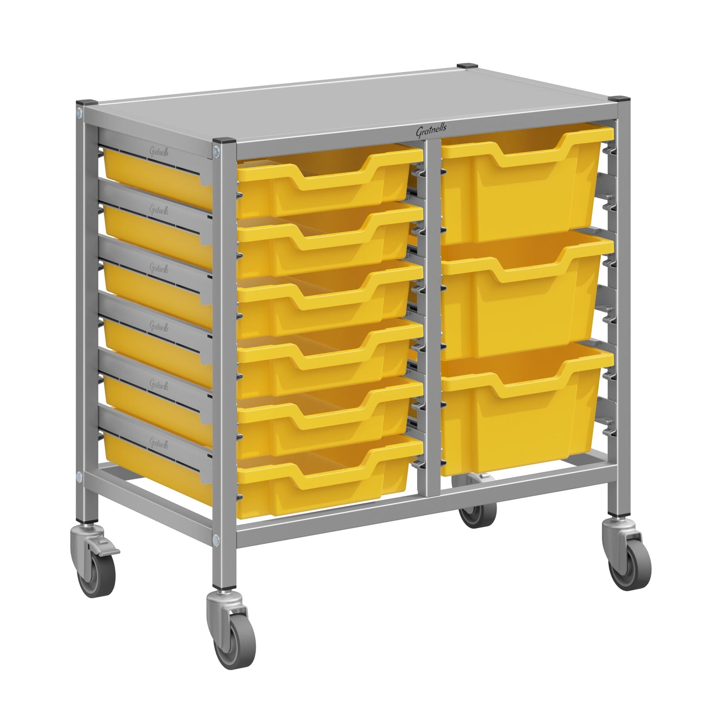 Gratnells Dynamis Lab & Healthcare Low Double Cart Silver Set 44 with Casters and 3 - 6 inch Trays (GRA - DYAL244) - SchoolOutlet