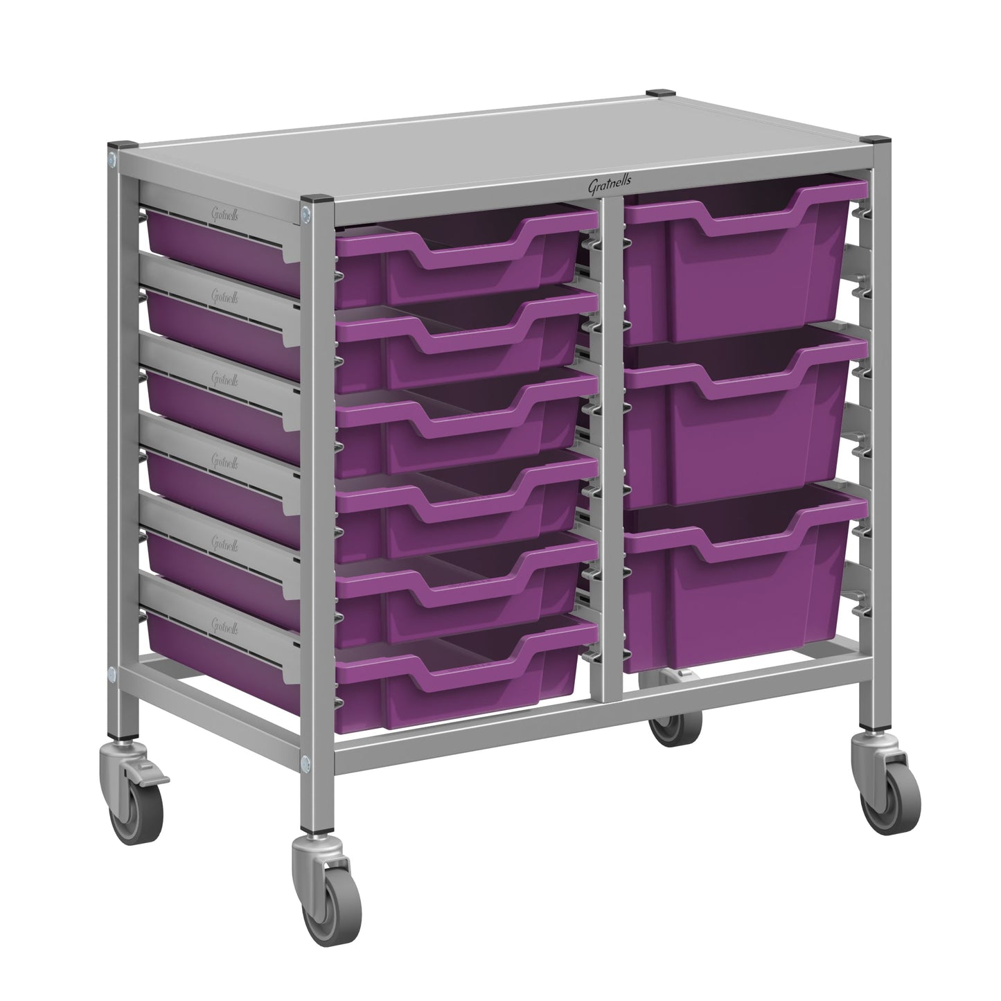 Gratnells Dynamis Lab & Healthcare Low Double Cart Silver Set 44 with Casters and 3 - 6 inch Trays (GRA - DYAL244) - SchoolOutlet