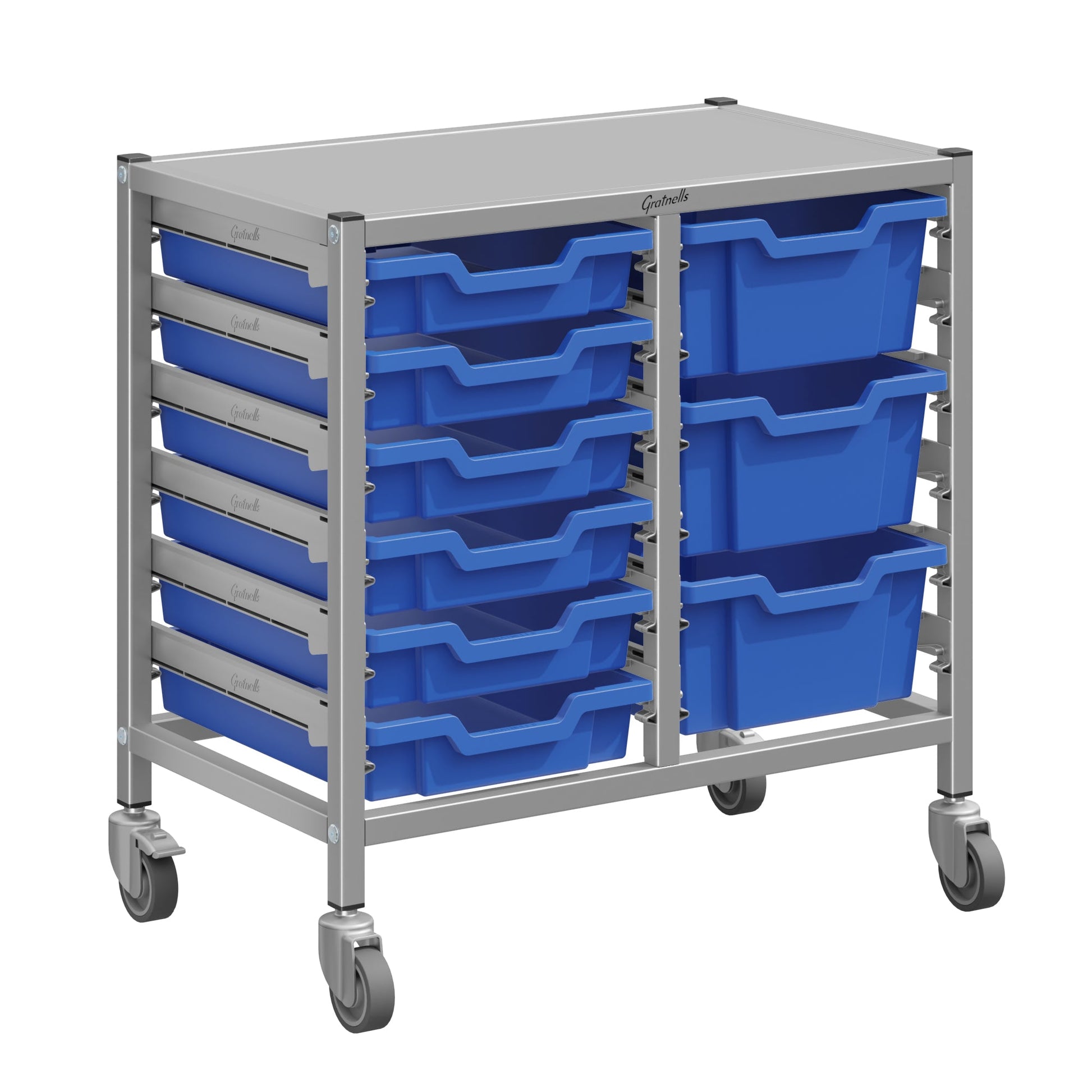 Gratnells Dynamis Lab & Healthcare Low Double Cart Silver Set 44 with Casters and 3 - 6 inch Trays (GRA - DYAL244) - SchoolOutlet