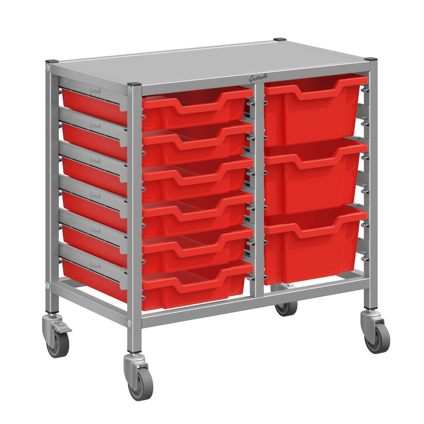 Gratnells Dynamis Lab & Healthcare Low Double Cart Silver Set 44 with Casters and 3 - 6 inch Trays (GRA - DYAL244) - SchoolOutlet