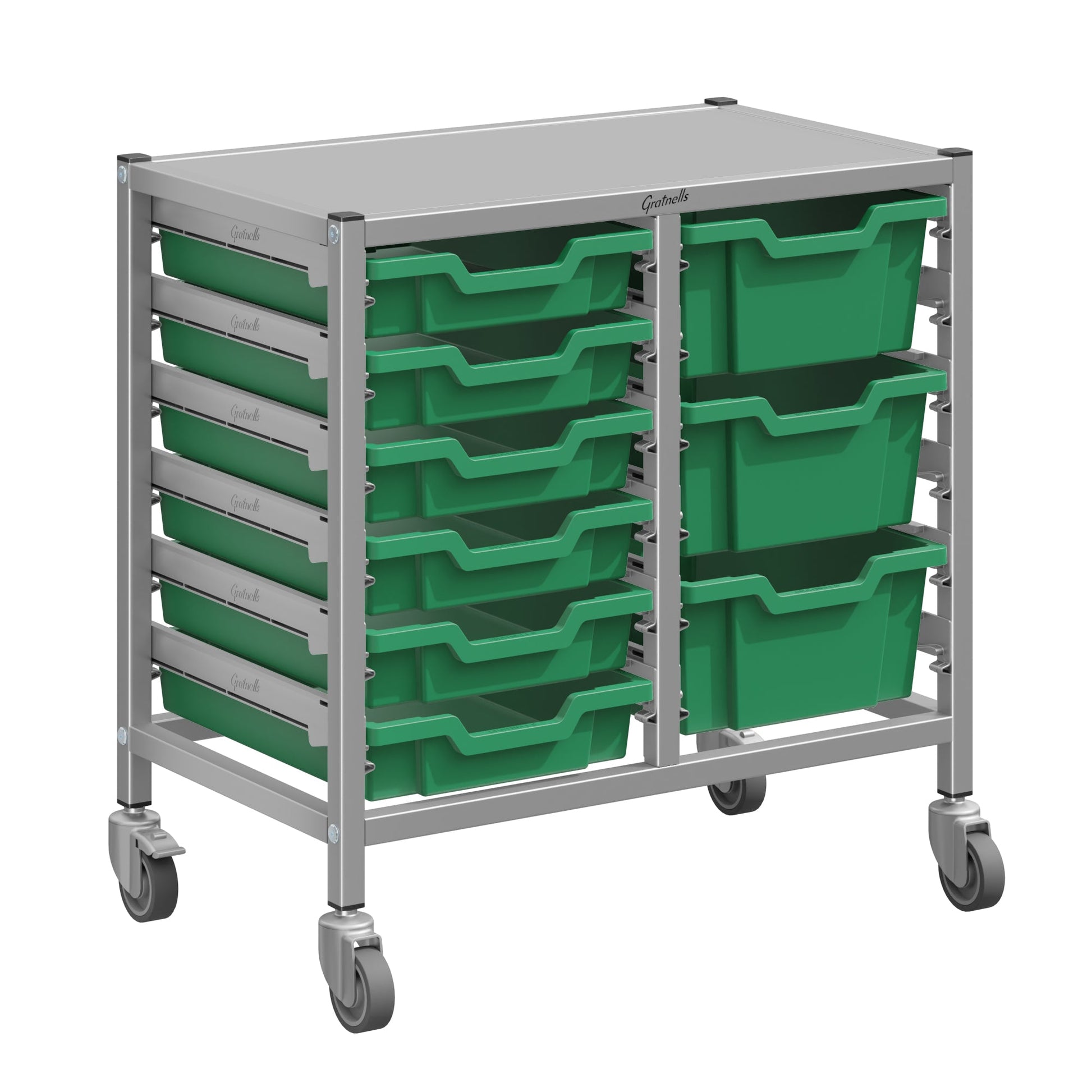 Gratnells Dynamis Lab & Healthcare Low Double Cart Silver Set 44 with Casters and 3 - 6 inch Trays (GRA - DYAL244) - SchoolOutlet