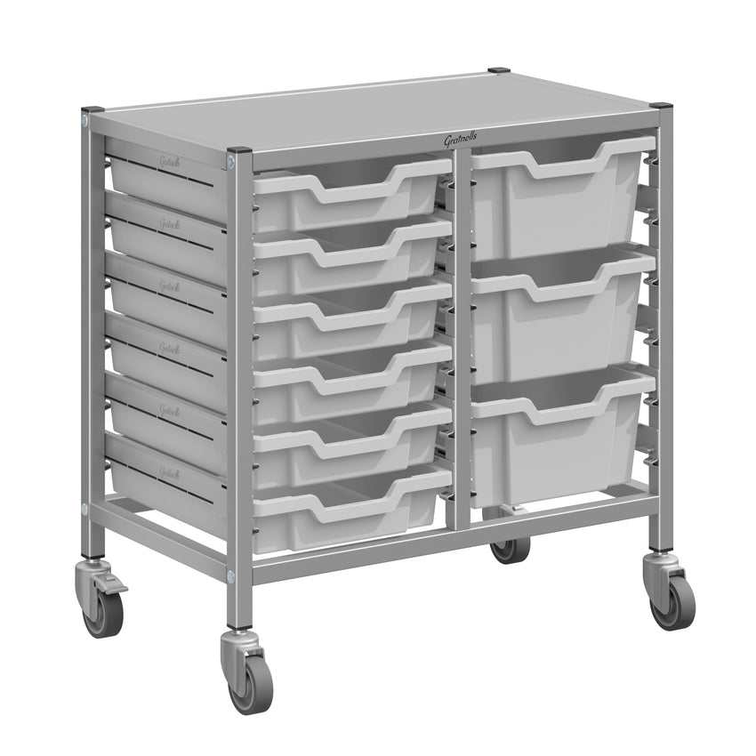 Gratnells Dynamis Lab & Healthcare Low Double Cart Silver Set 44 with Casters and 3 - 6 inch Trays (GRA - DYAL244) - SchoolOutlet