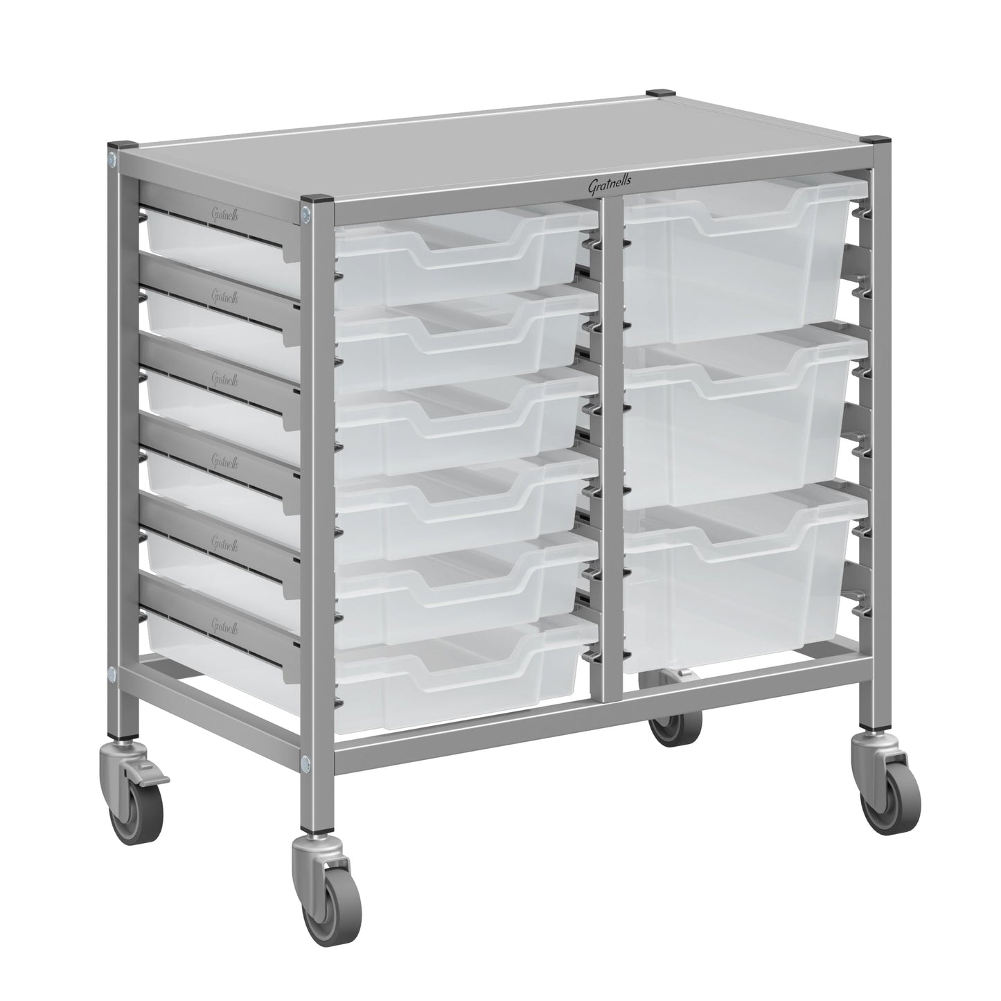 Gratnells Dynamis Lab & Healthcare Low Double Cart Silver Set 44 with Casters and 3 - 6 inch Trays (GRA - DYAL244) - SchoolOutlet