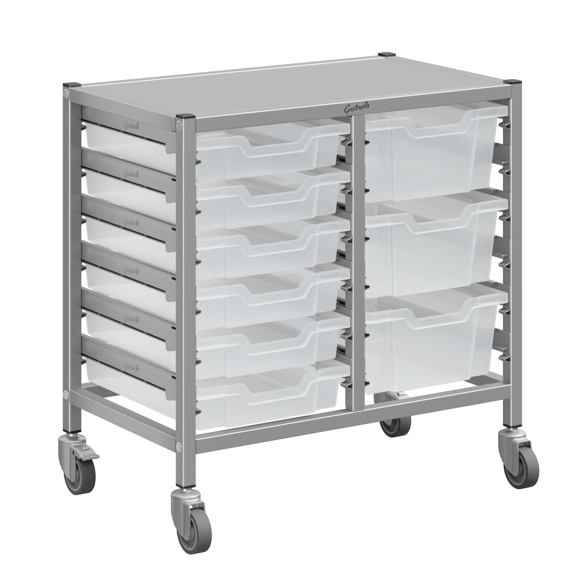 Gratnells Dynamis Lab & Healthcare Low Double Cart Silver Set 44 with Casters and 3 - 6 inch Trays (GRA - DYAL244) - SchoolOutlet