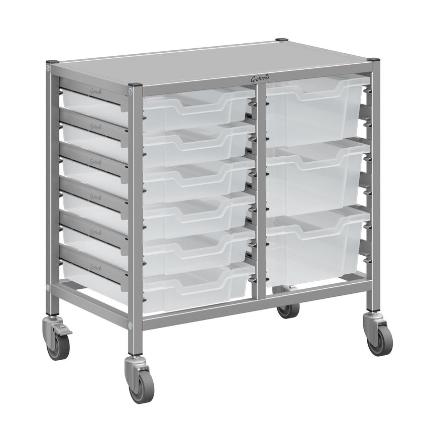 Gratnells Dynamis Lab & Healthcare Low Double Cart Silver Set 44 with Casters and 3 - 6 inch Trays (GRA - DYAL244) - SchoolOutlet