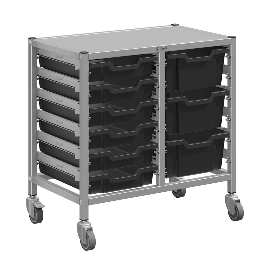 Gratnells Dynamis Lab & Healthcare Low Double Cart Silver Set 44 with Casters and 3 - 6 inch Trays (GRA - DYAL244) - SchoolOutlet