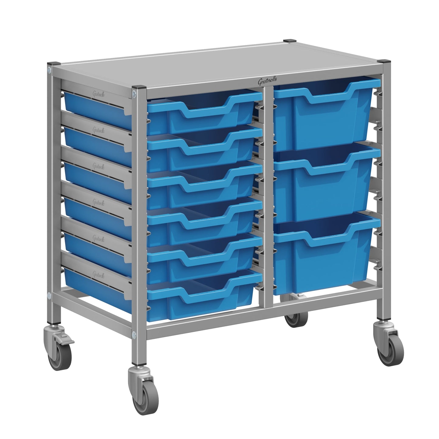 Gratnells Dynamis Lab & Healthcare Low Double Cart Silver Set 44 with Casters and 3 - 6 inch Trays (GRA - DYAL244) - SchoolOutlet
