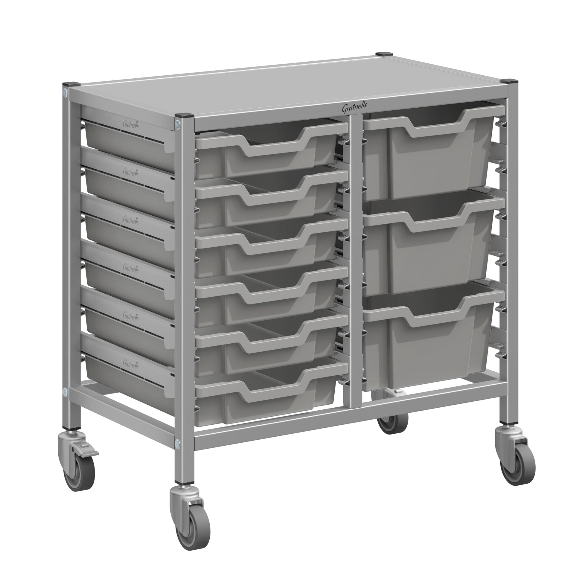 Gratnells Dynamis Lab & Healthcare Low Double Cart Silver Set 44 with Casters and 3 - 6 inch Trays (GRA - DYAL244) - SchoolOutlet