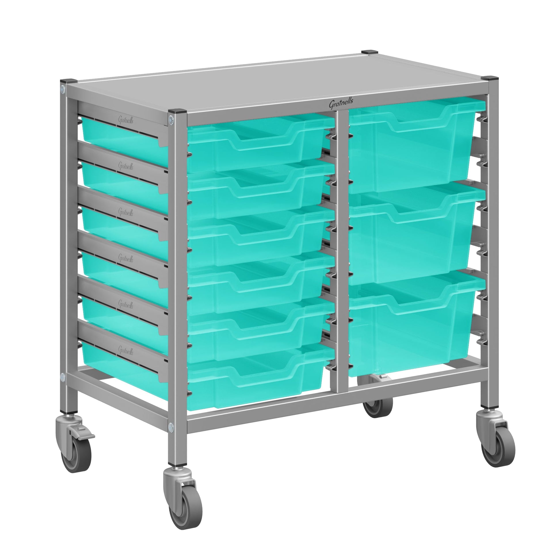 Gratnells Dynamis Lab & Healthcare Low Double Cart Silver Set 44 with Casters and 3 - 6 inch Trays (GRA - DYAL244) - SchoolOutlet