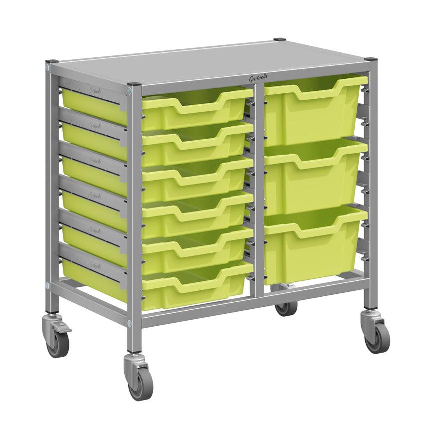 Gratnells Dynamis Lab & Healthcare Low Double Cart Silver Set 44 with Casters and 3 - 6 inch Trays (GRA - DYAL244) - SchoolOutlet