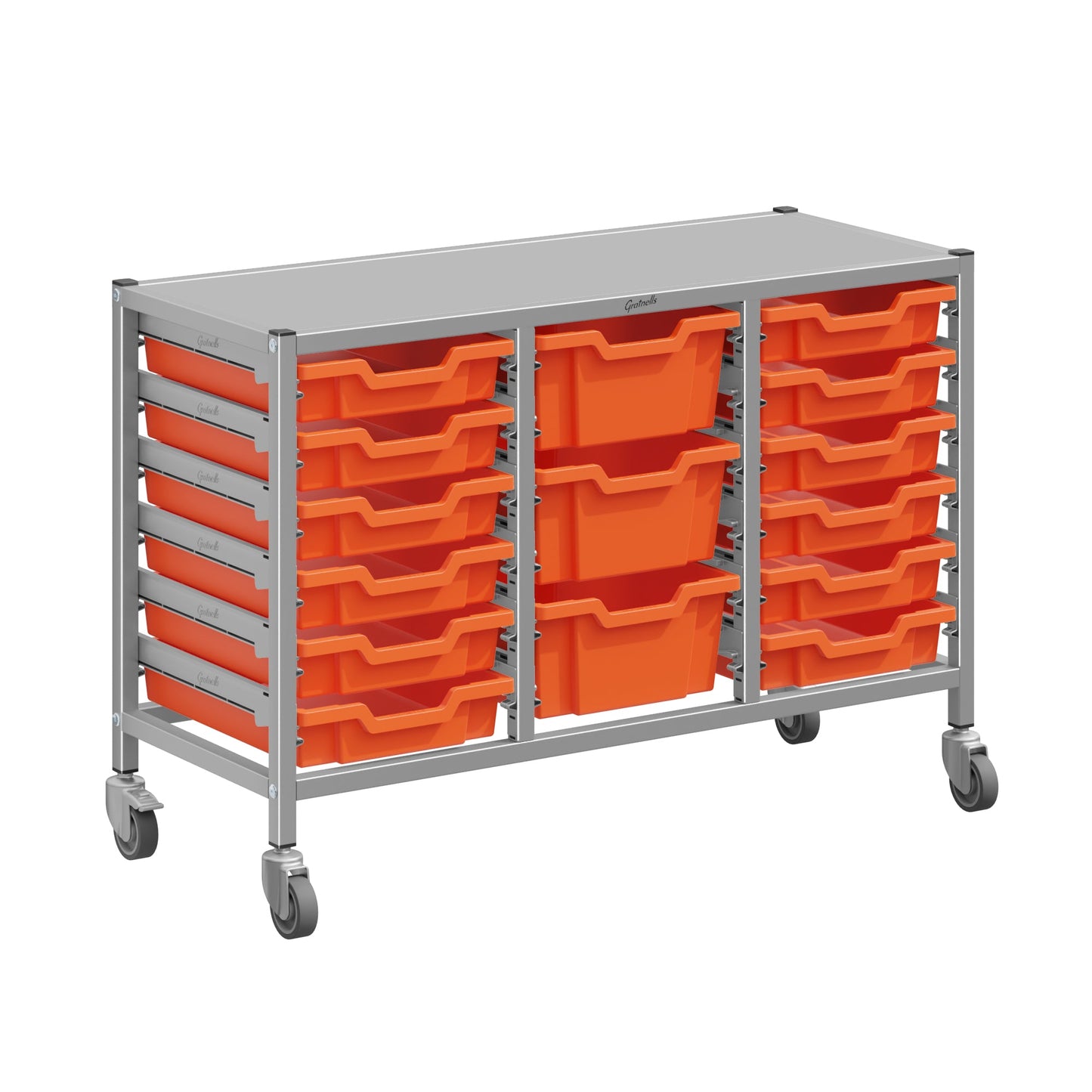 Gratnells Dynamis Lab & Healthcare Low Triple Cart Set 60 Silver with Casters, 12 - 3 inch and 3 - 6 inch deep Trays (GRA - DYAL344) - SchoolOutlet