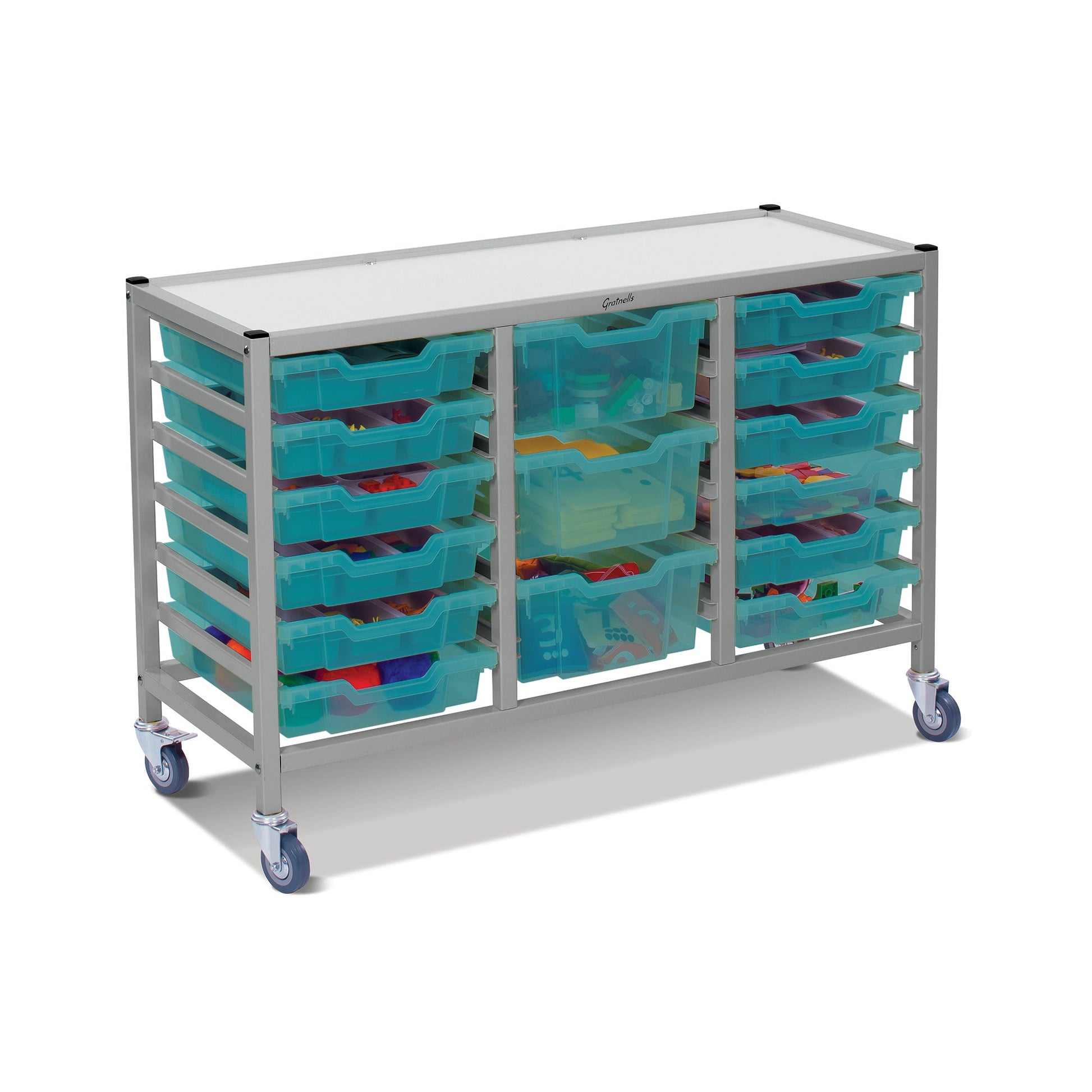 Gratnells Dynamis Lab & Healthcare Low Triple Cart Set 60 Silver with Casters, 12 - 3 inch and 3 - 6 inch deep Trays (GRA - DYAL344) - SchoolOutlet