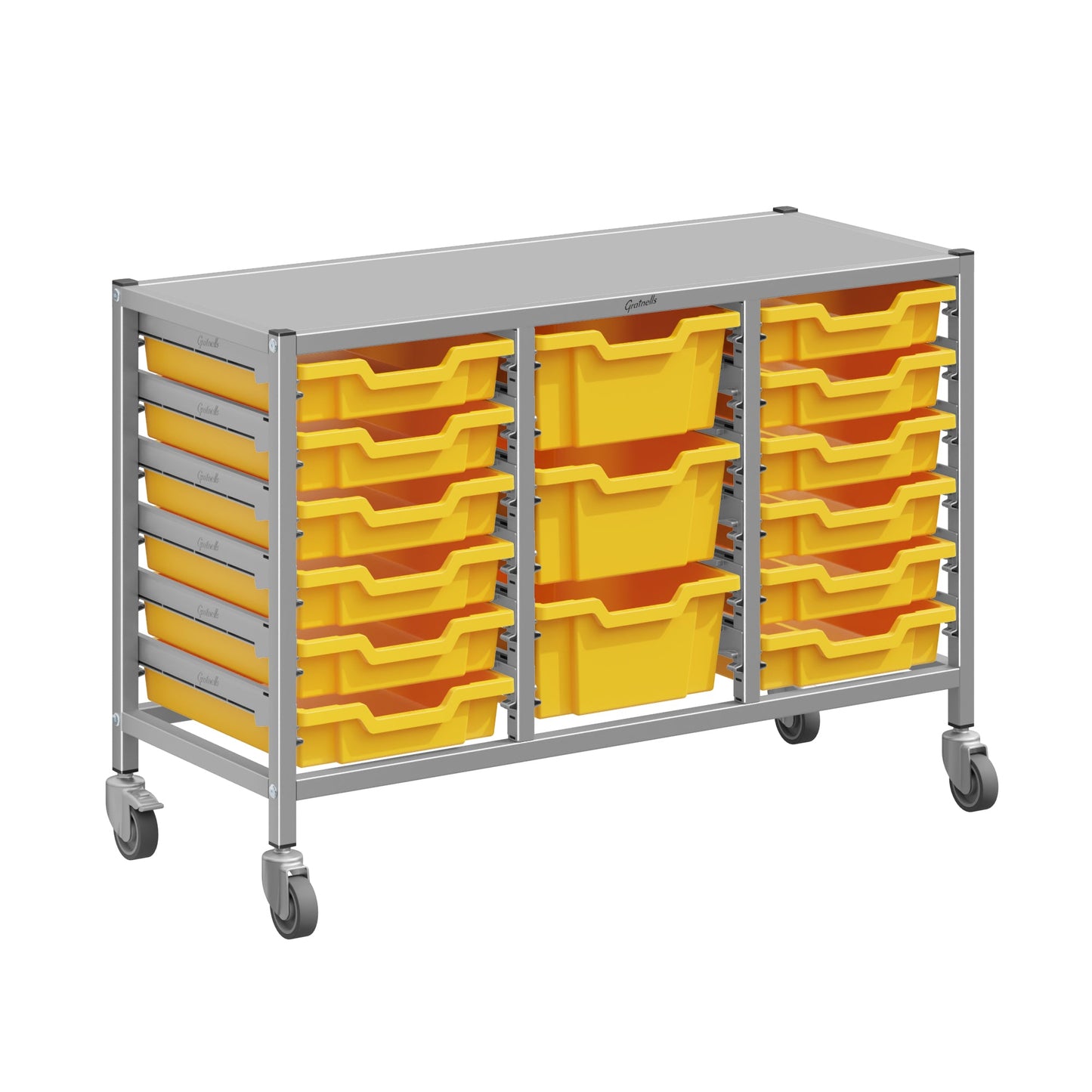 Gratnells Dynamis Lab & Healthcare Low Triple Cart Set 60 Silver with Casters, 12 - 3 inch and 3 - 6 inch deep Trays (GRA - DYAL344) - SchoolOutlet