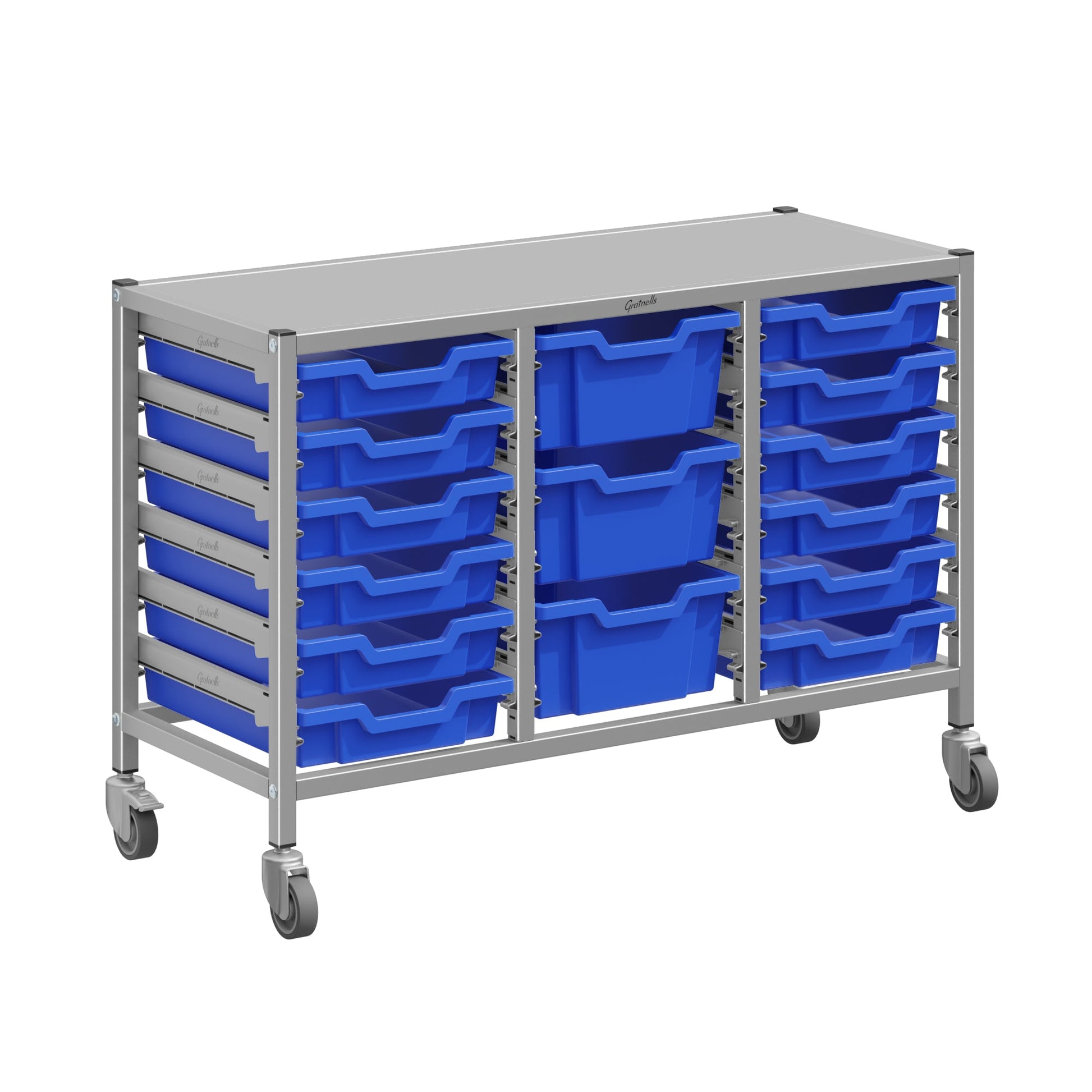 Gratnells Dynamis Lab & Healthcare Low Triple Cart Set 60 Silver with Casters, 12 - 3 inch and 3 - 6 inch deep Trays (GRA - DYAL344) - SchoolOutlet