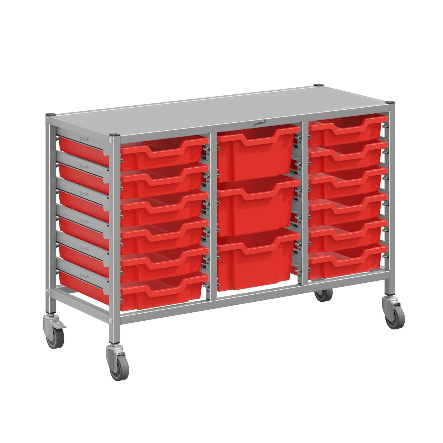 Gratnells Dynamis Lab & Healthcare Low Triple Cart Set 60 Silver with Casters, 12 - 3 inch and 3 - 6 inch deep Trays (GRA - DYAL344) - SchoolOutlet