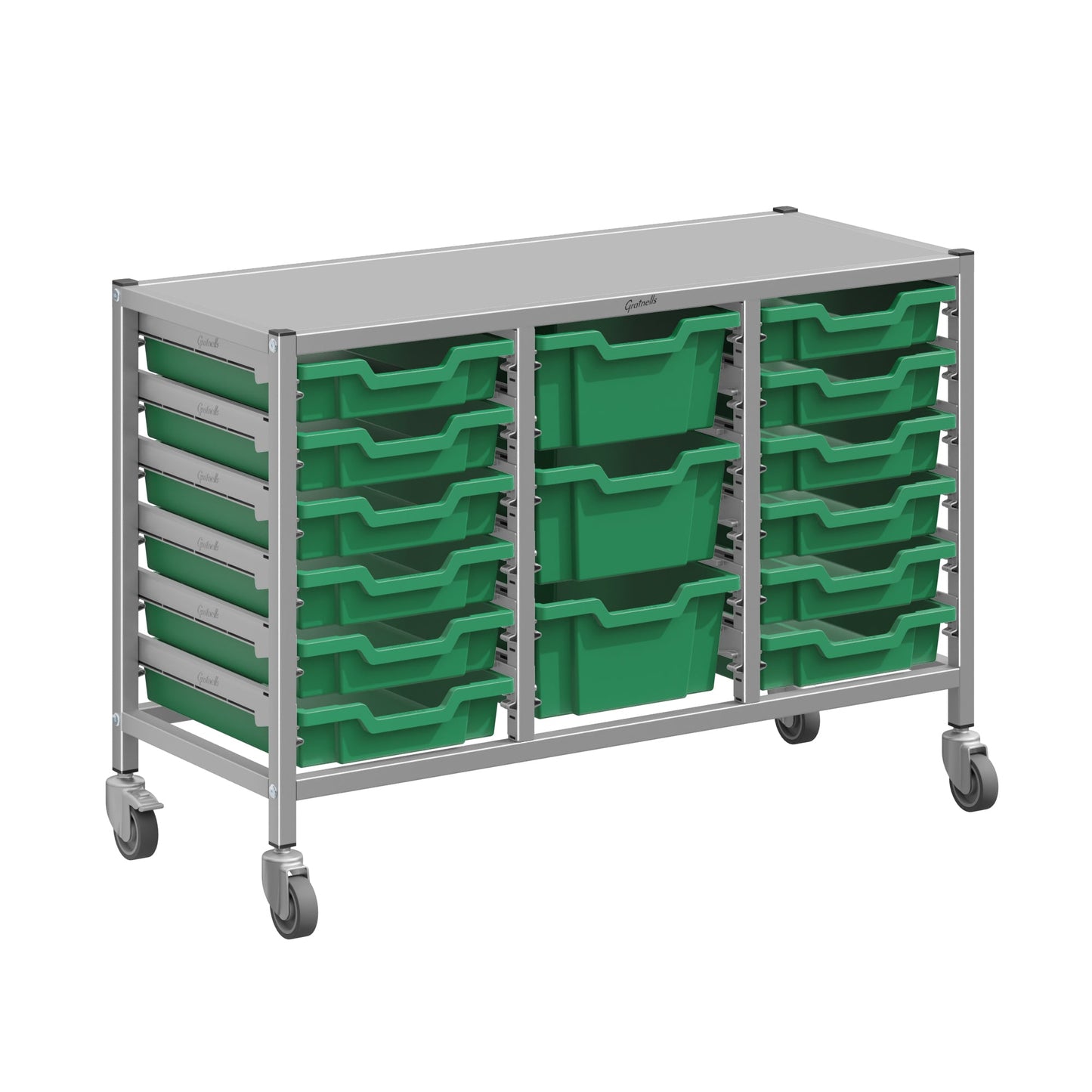Gratnells Dynamis Lab & Healthcare Low Triple Cart Set 60 Silver with Casters, 12 - 3 inch and 3 - 6 inch deep Trays (GRA - DYAL344) - SchoolOutlet