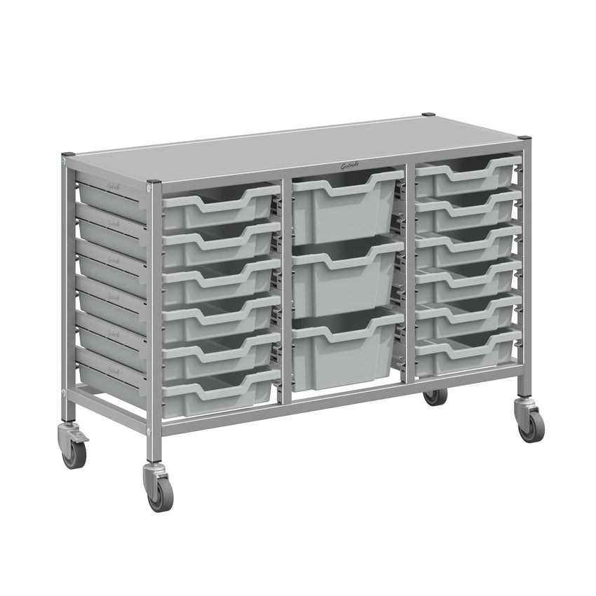 Gratnells Dynamis Lab & Healthcare Low Triple Cart Set 60 Silver with Casters, 12 - 3 inch and 3 - 6 inch deep Trays (GRA - DYAL344) - SchoolOutlet