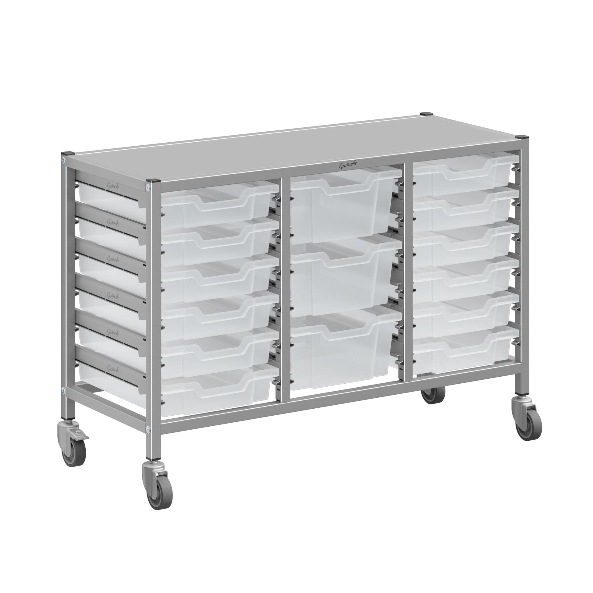 Gratnells Dynamis Lab & Healthcare Low Triple Cart Set 60 Silver with Casters, 12 - 3 inch and 3 - 6 inch deep Trays (GRA - DYAL344) - SchoolOutlet
